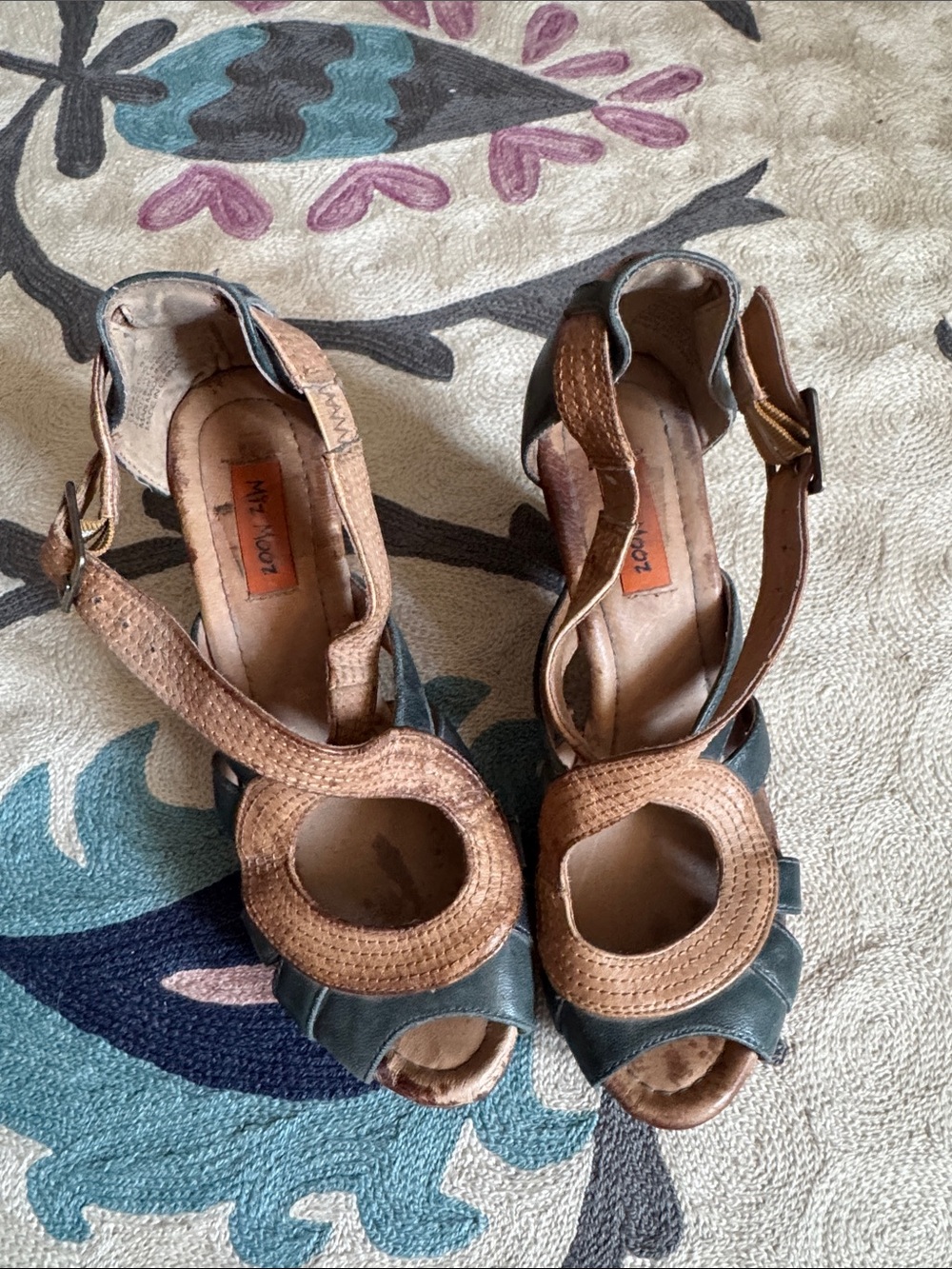 Miz Mooz Leather Two-Tone Brown & Dark Green Women's Peep-Toe Heels
